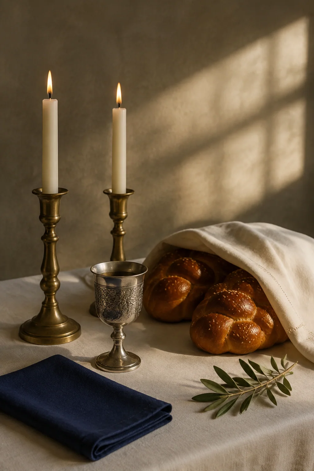 Illustration of a Shabbat table with two candles, challah, and a kiddush cup