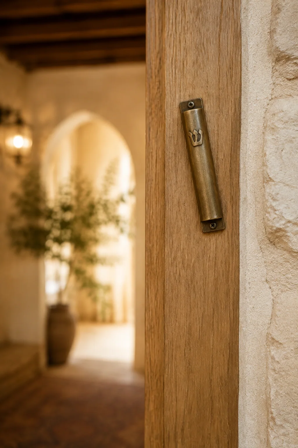 Illustration of a mezuzah on a warmly lit doorway