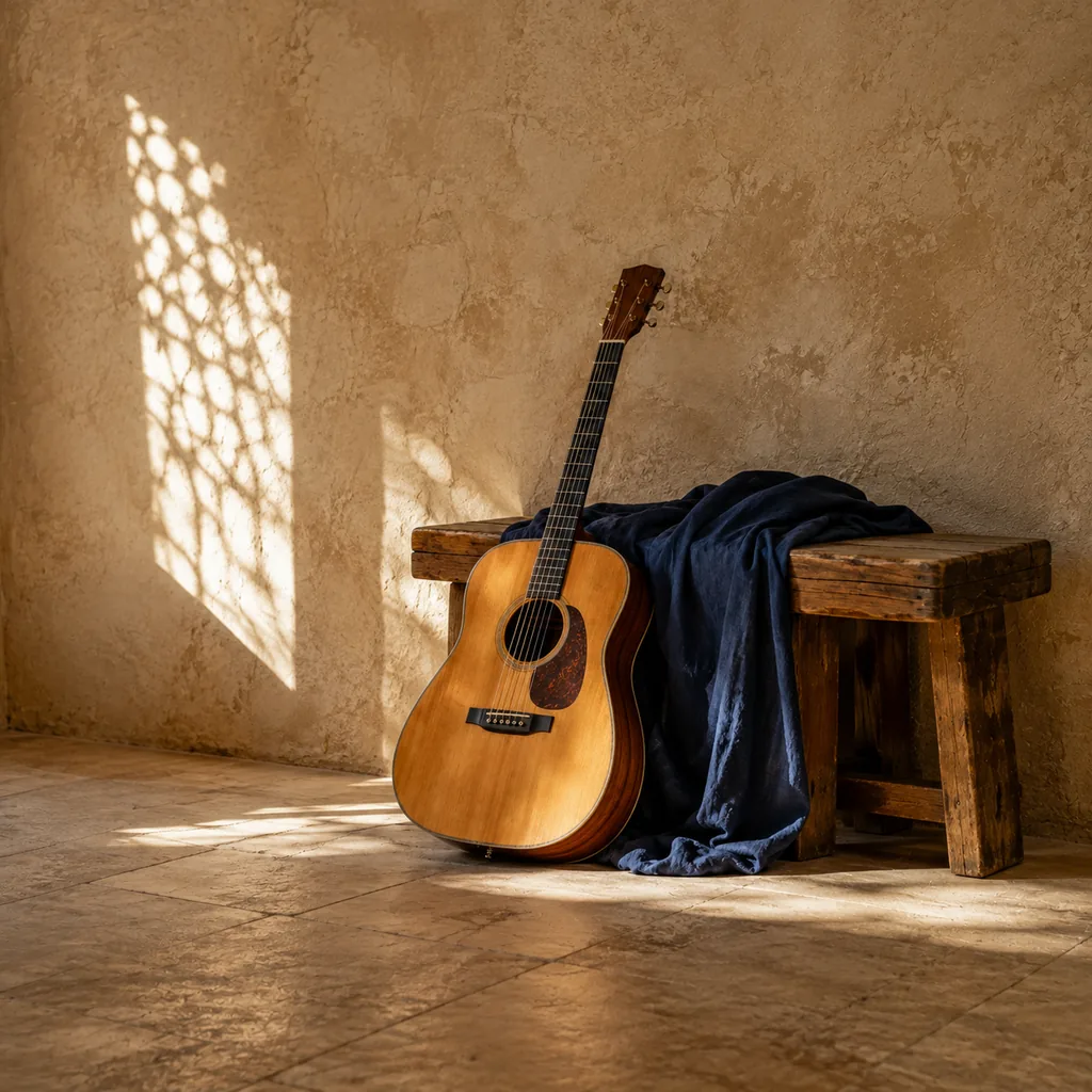 Illustration of an acoustic guitar beside a wooden bench with navy linen in warm afternoon light