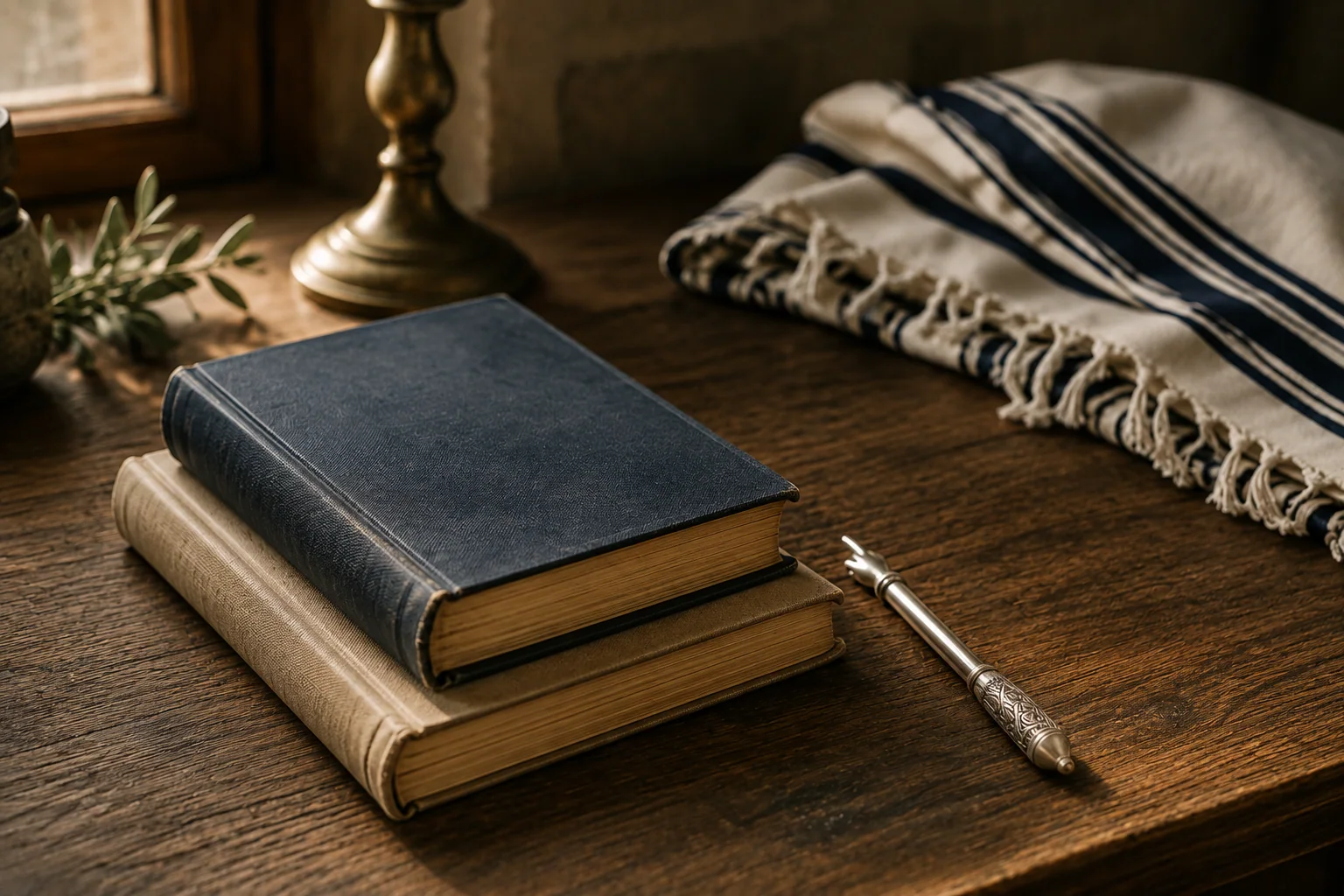 Illustration of study books, a tallit, and a Torah reading pointer